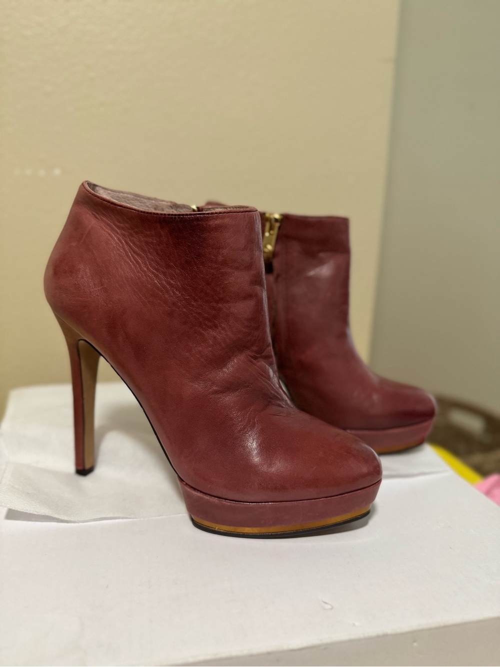 Vince Camuto Wine Leather High-Heel Ankle Booties